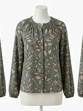 LOFT Olive Green Leaf-Print Long-Sleeve Blouse